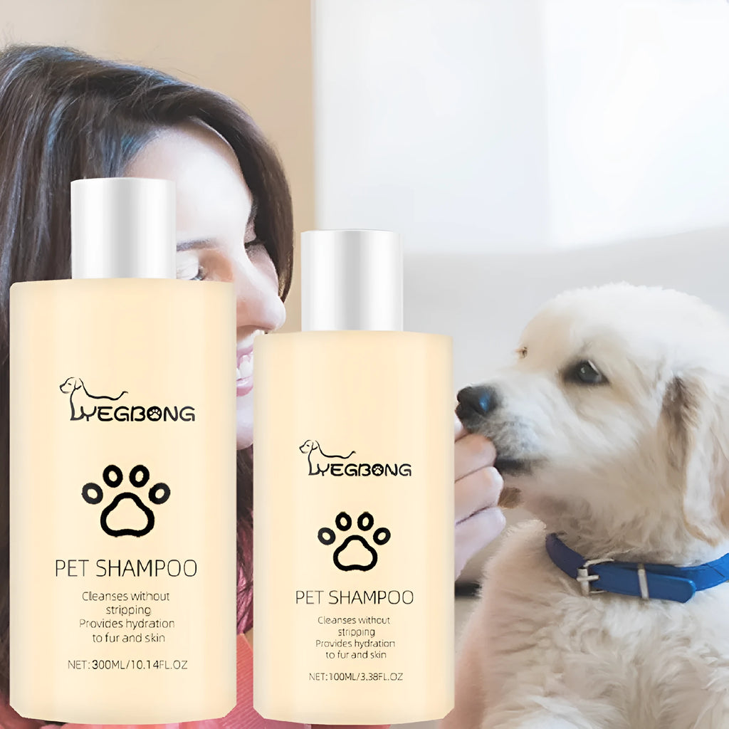 Bottle of mild pet shampoo for dogs to soften fur and reduce tangles