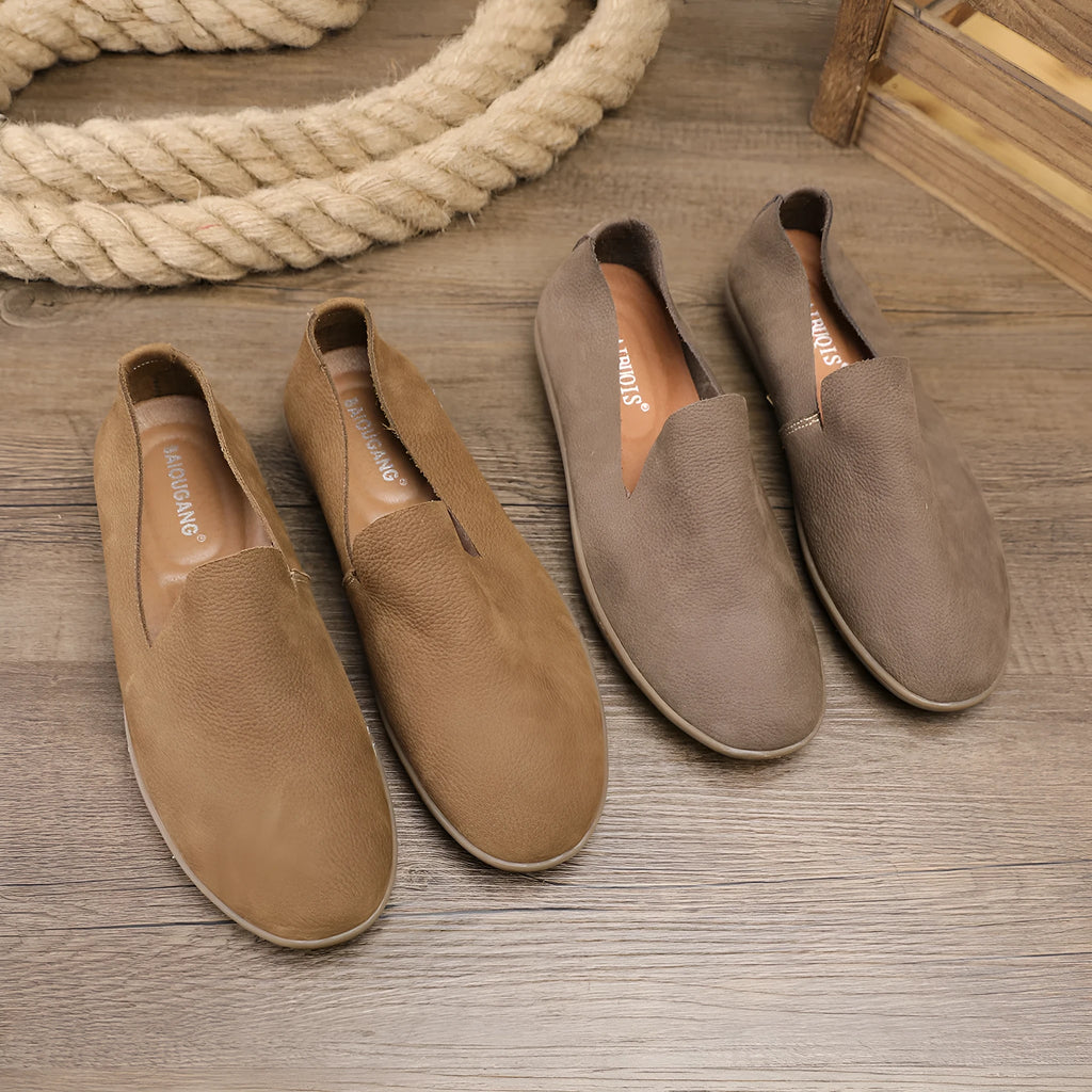 Men's handmade khaki and grey low-top casual shoes with a cowhide lining and rubber wedge sole.