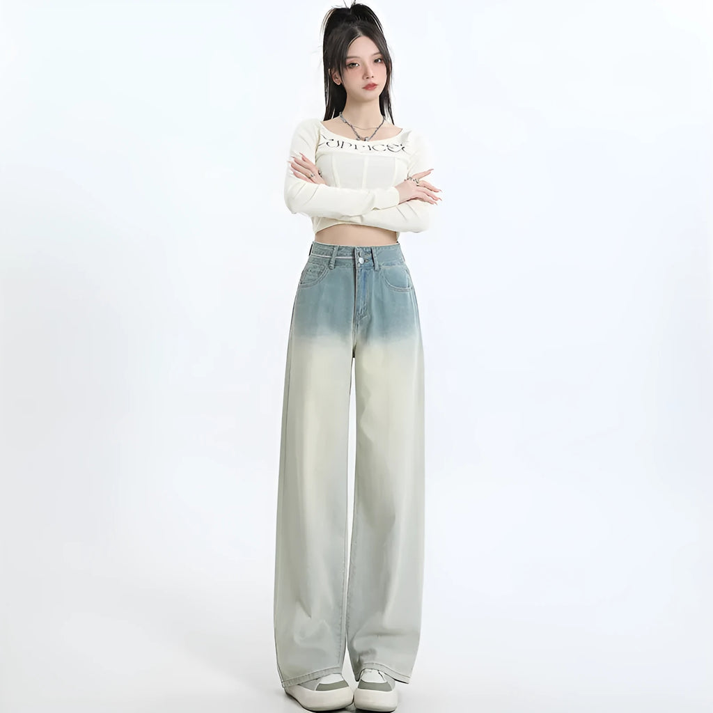 Women's gradient blue straight-leg wide-leg denim jeans in cotton fabric