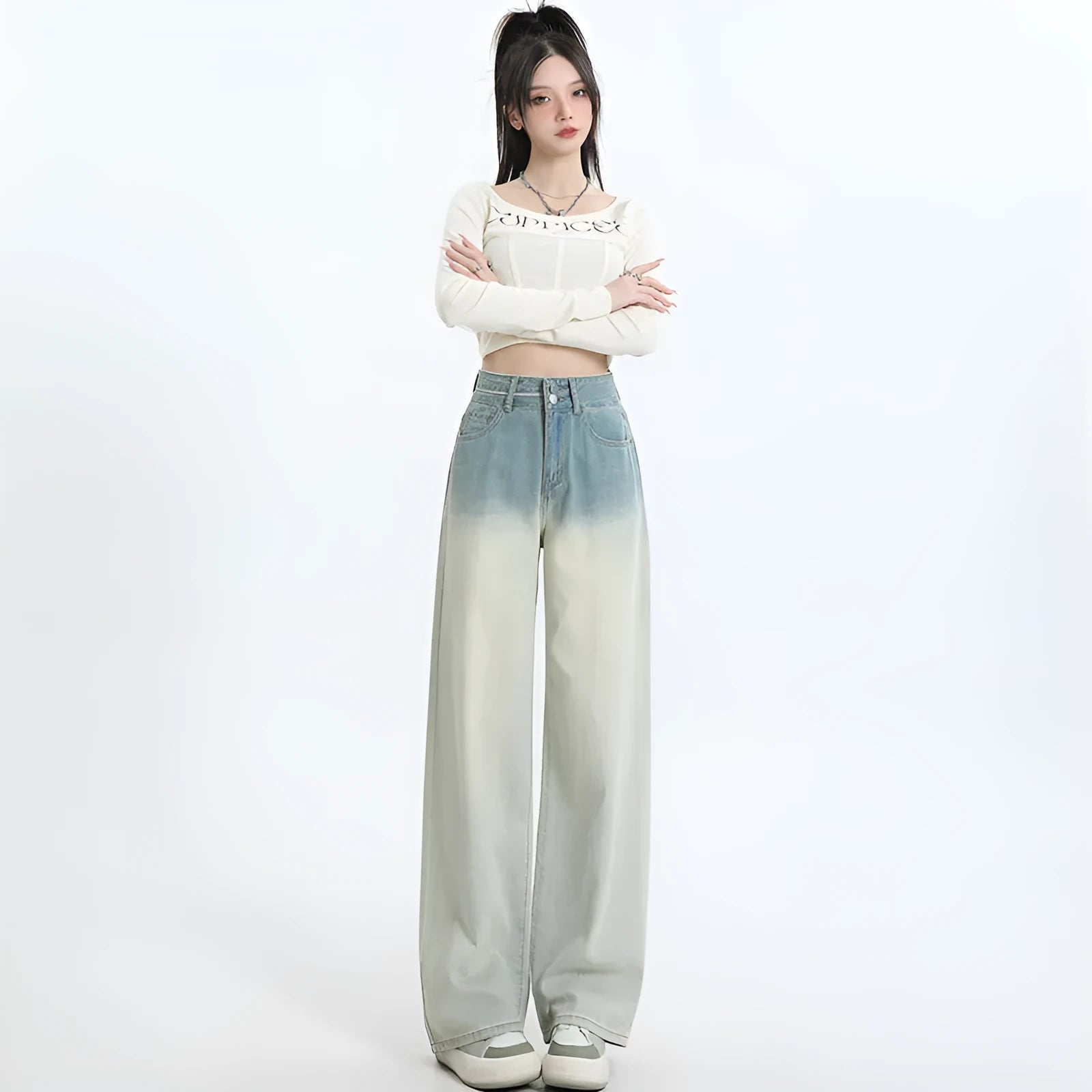 Women's gradient blue straight-leg wide-leg denim jeans in cotton fabric
