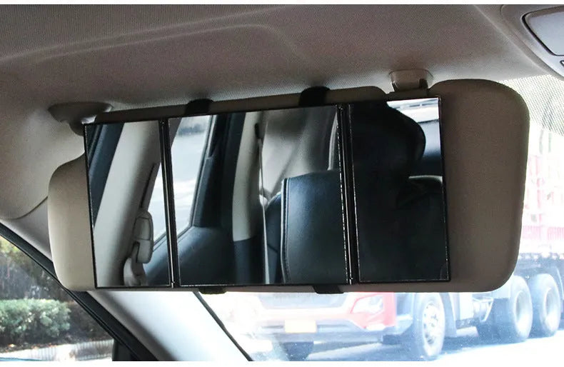 Silver car folding makeup mirror shown closed and open with dimensions 15.5x14cm and 30.5x14cm