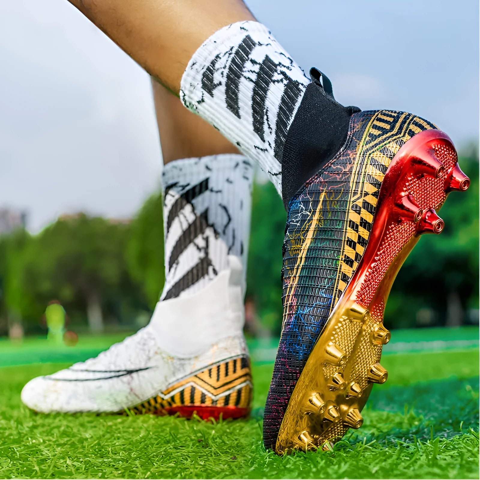 Men's high-top football training shoes with gold plated bottom on PVC sole, in white, black, and mandarin duck colours.