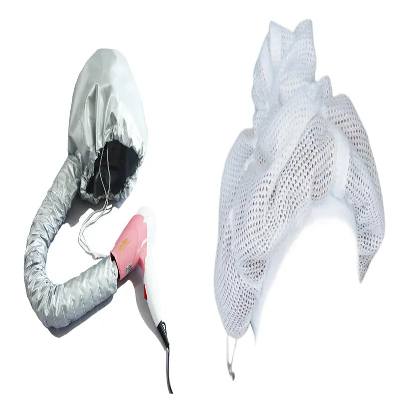 Pink hair dryer bonnet hood attachment with elastic tube and drawstring cord