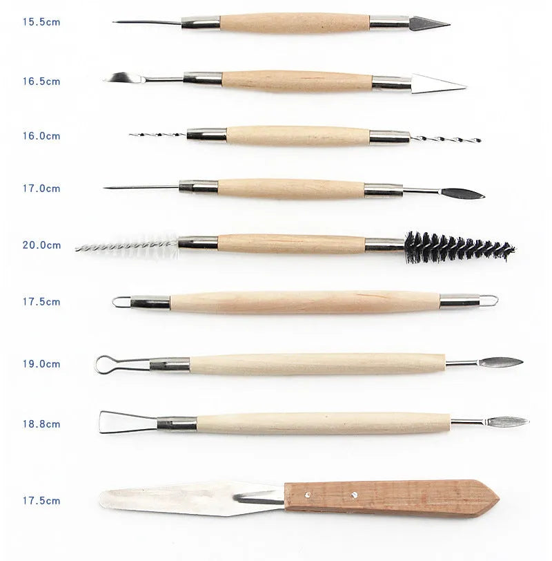 Brown 27-piece pottery clay tool set with stainless steel, wood and plastic tools for sculpture.