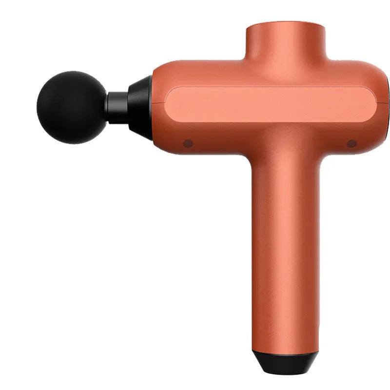Rechargeable muscle massage gun with six different coloured massage heads on a black background.