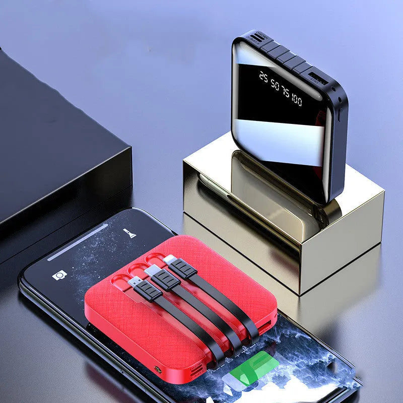Black and red portable power bank with built-in charging cable, showing compact 80mm size