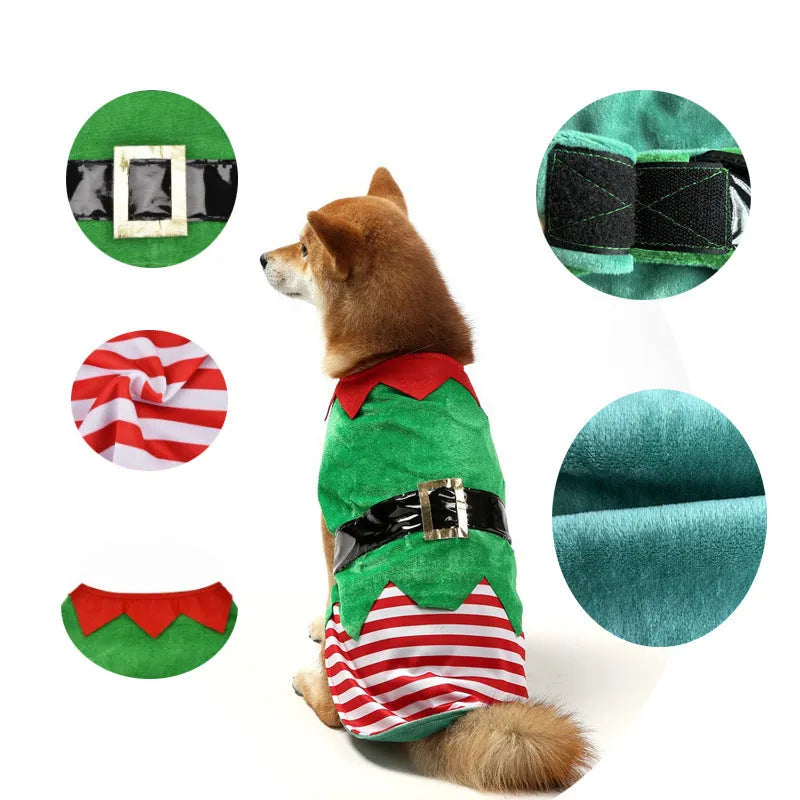 Green elf pet costume for dogs made from cotton, available in sizes XS to XXL, with or without attached light