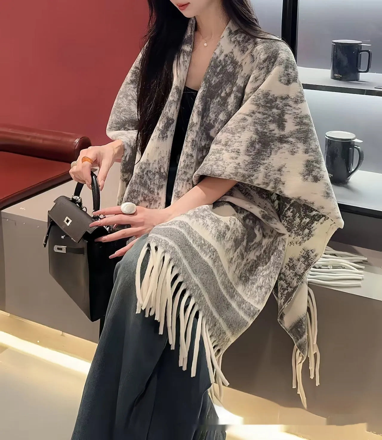 Women's polyester tassel scarf cape in shawl style with free size fit