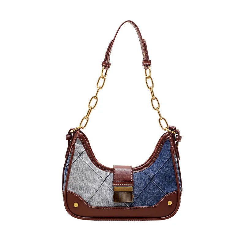 Brown denim women's shoulder bag with diamond mesh detail and chain straps