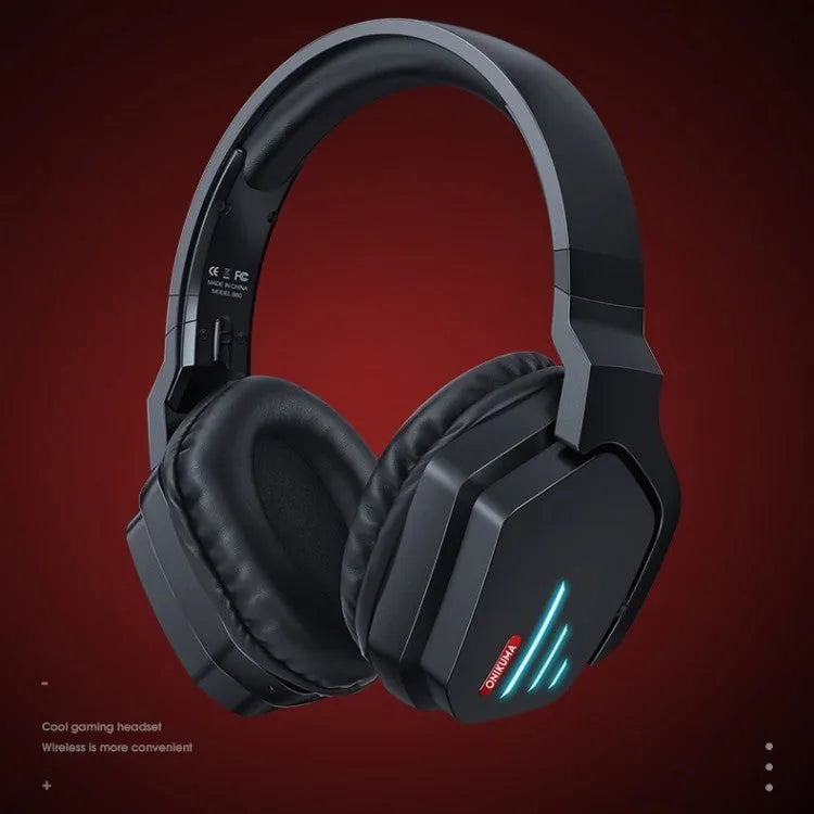 Luminous black wireless gaming headphones with head-mounted design and noise reduction features