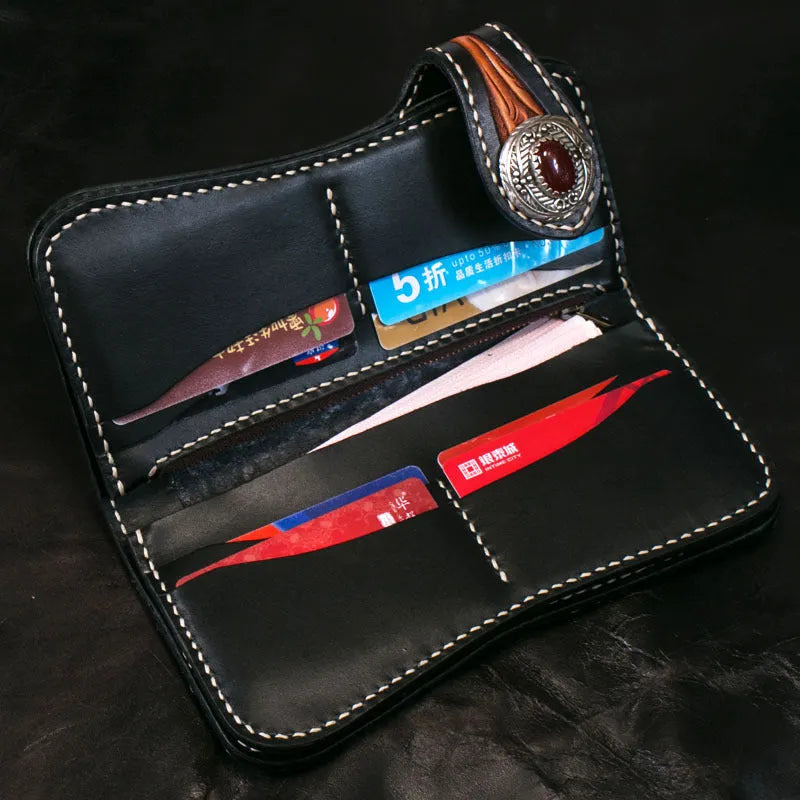 Men's long cow leather wallet with plant flower pattern and buckle closure in brown