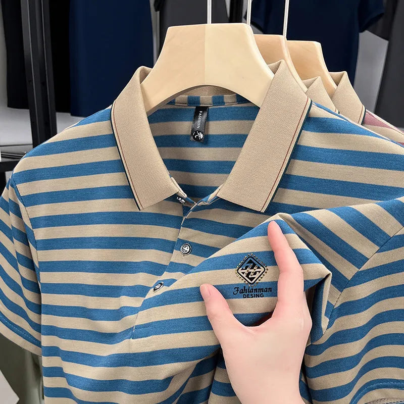 Man wearing a red striped short sleeve casual shirt with a mosaic pattern detail