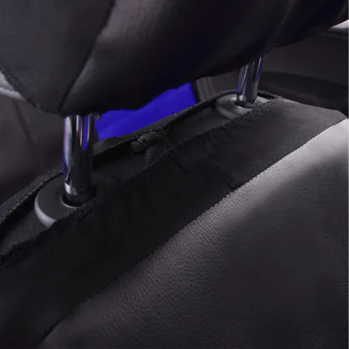 Artificial leather car seat covers in a choice of colours, shown in 2-piece, 4-piece, and 9-piece set configurations.