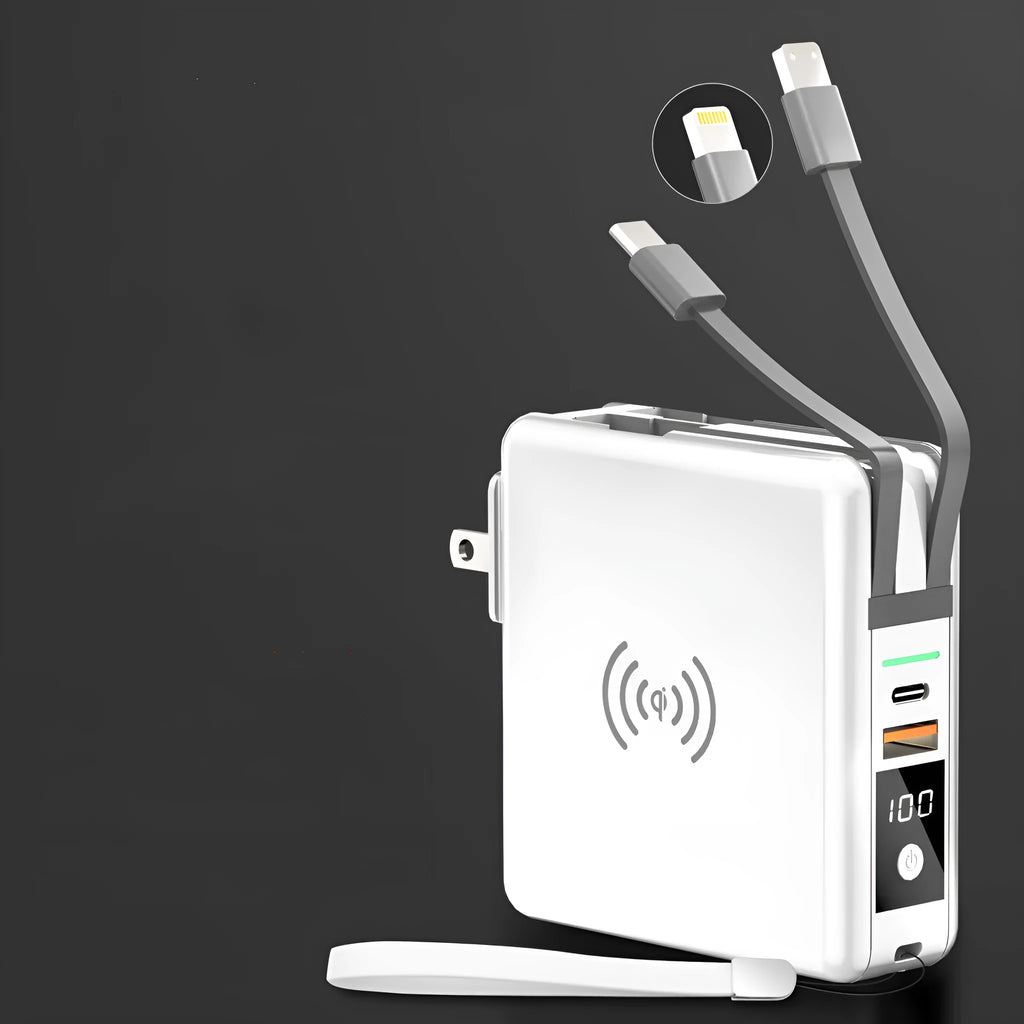Super QI Wireless Power Bank 10000mAh with built-in plug showing black and white options