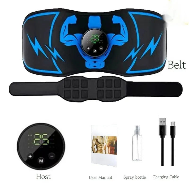 EMS abdominal belt with blue host unit and wireless remote control for muscle stimulation