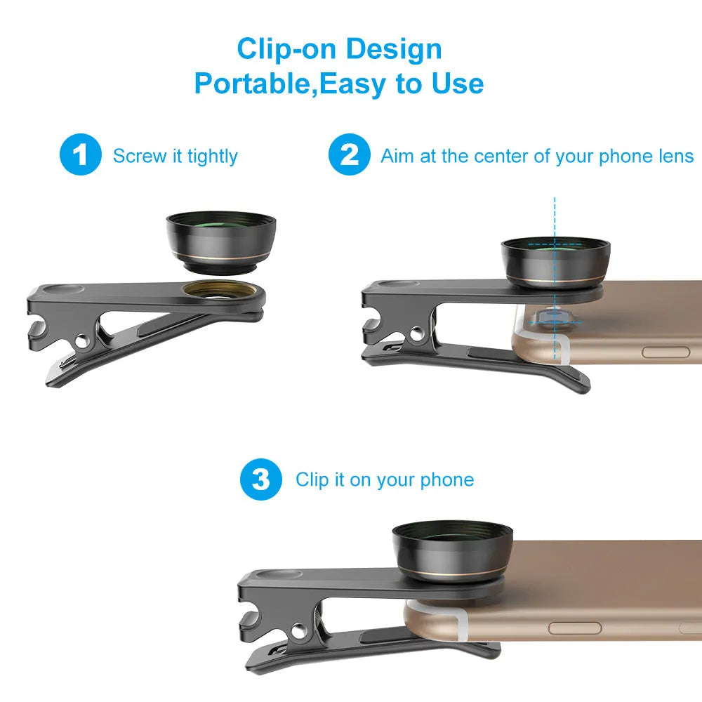 Six mobile phone camera lenses including fisheye, macro, wide-angle, telephoto and filters in EVA case with universal clip
