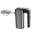 Silver handheld electric whisk with stainless steel beaters and five-speed control dial.