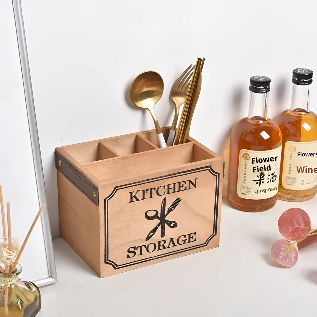 Wooden kitchen storage box with compartments for knives forks and chopsticks