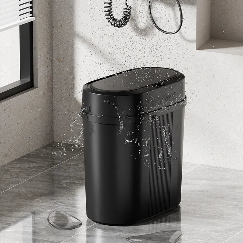 Square PP smart trash can with sealed waterproof lid, black battery type, on kitchen floor
