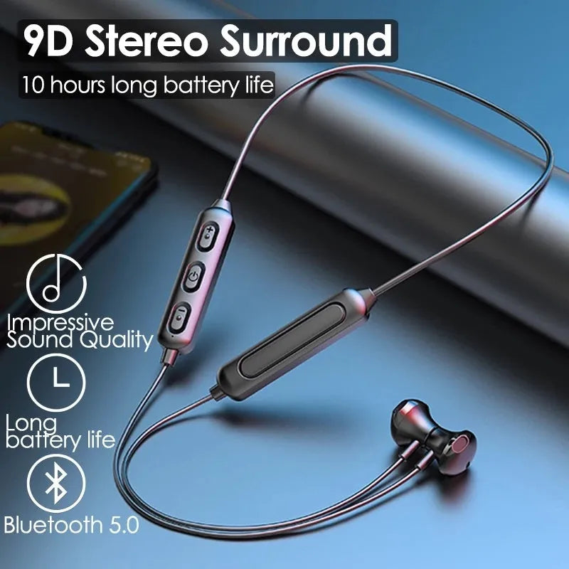 Black wireless sports earphones designed for neck mounting with custom logo printing area visible