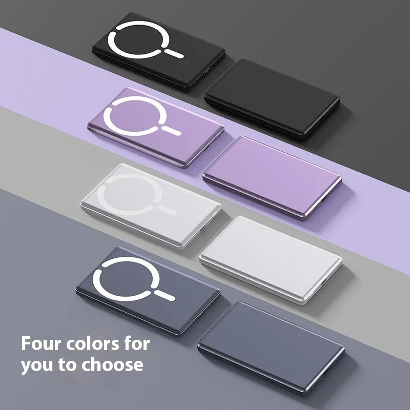 Ultra-thin magnetic power bank in black, dark grey, silver, or violet with alloy shell