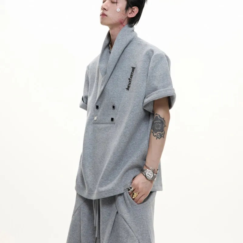 Men's dark gray cotton sports suit with metal embellished padded shoulders and V-neck short sleeve jacket with matching shorts
