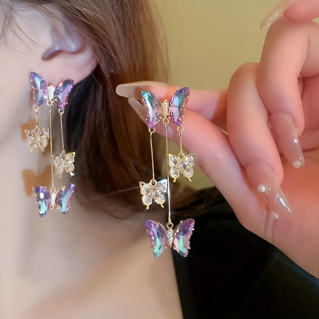 Blue purple butterfly tassel drop earrings with silver needle crystal flowers on electroplated alloy
