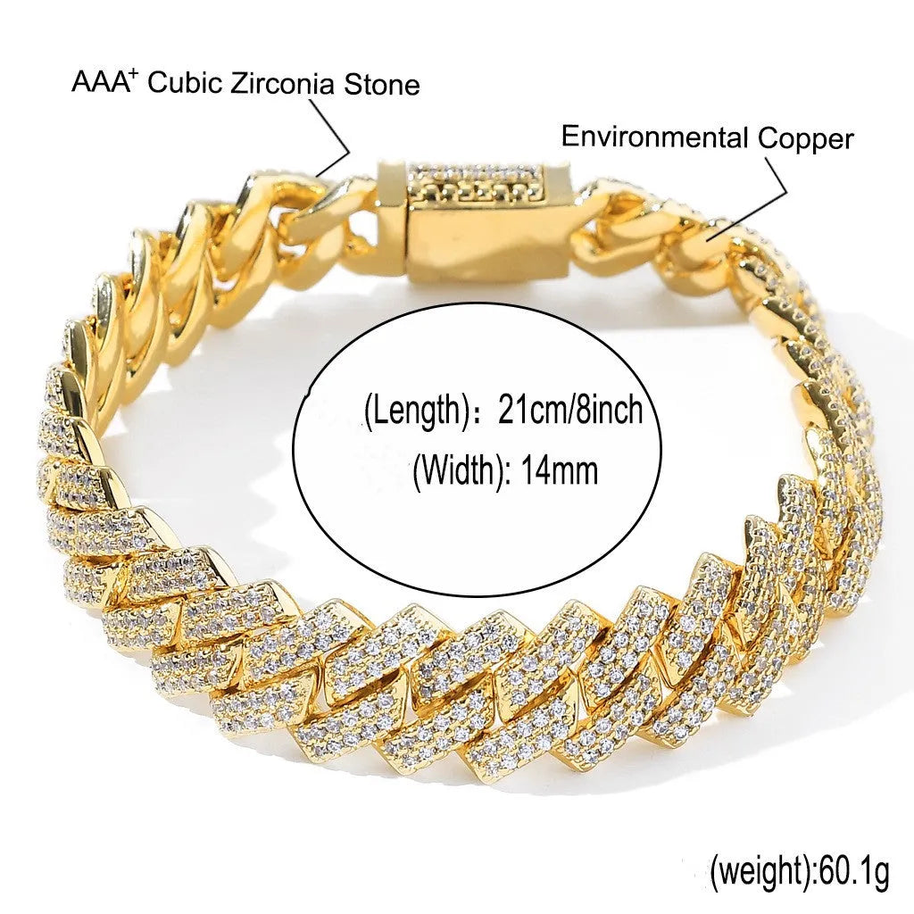 14mm copper Cuban link chain for men with micro-inlaid zircon stones in gold finish, 18 inch length