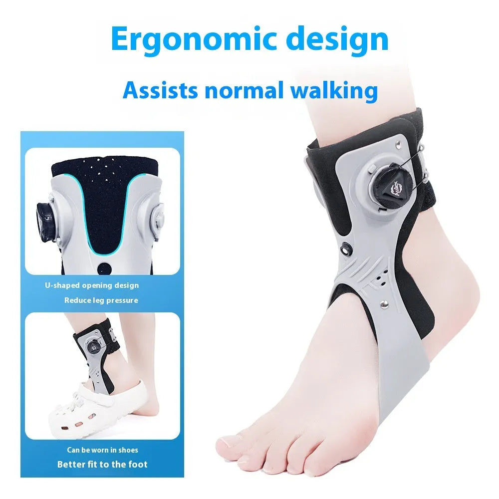Grey ankle support brace with airbag button mechanism for left foot stabilisation