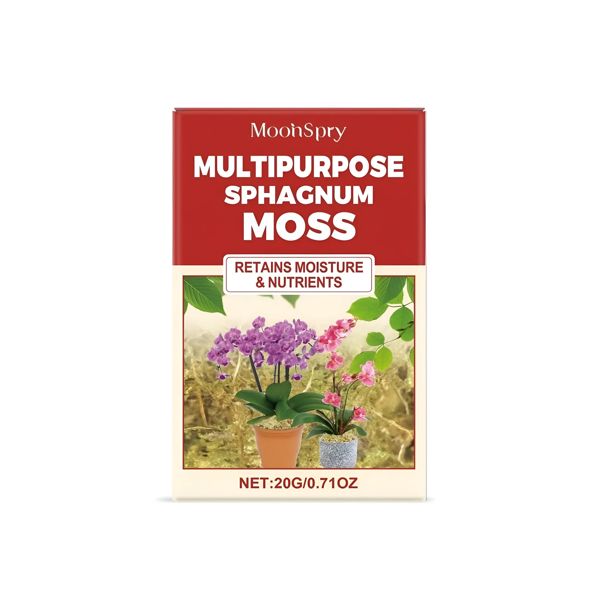 A 20g bag of dry, fibrous brown sphagnum moss for horticultural use.