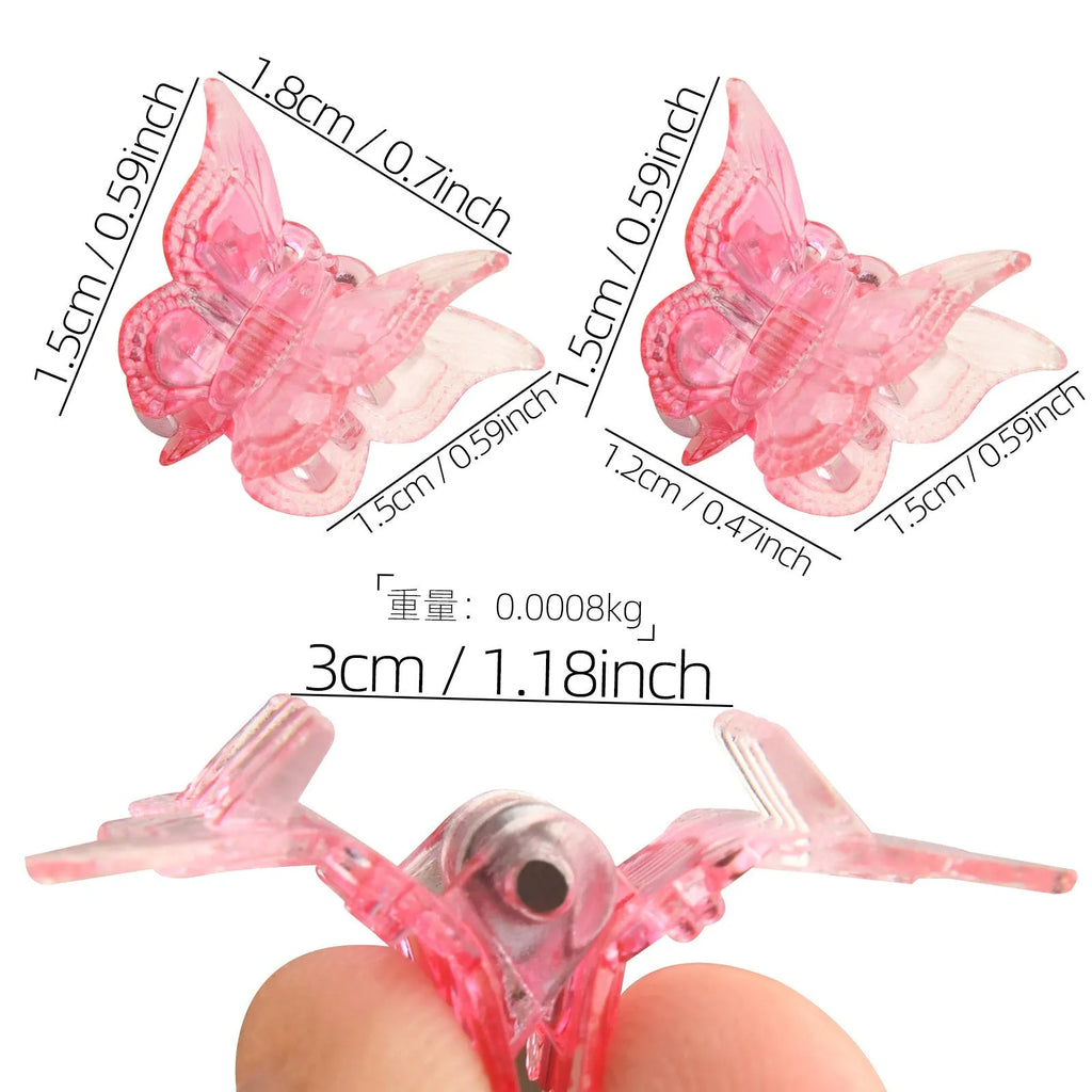 50 glitter mini butterfly hair claw clips in 14 colours on white background