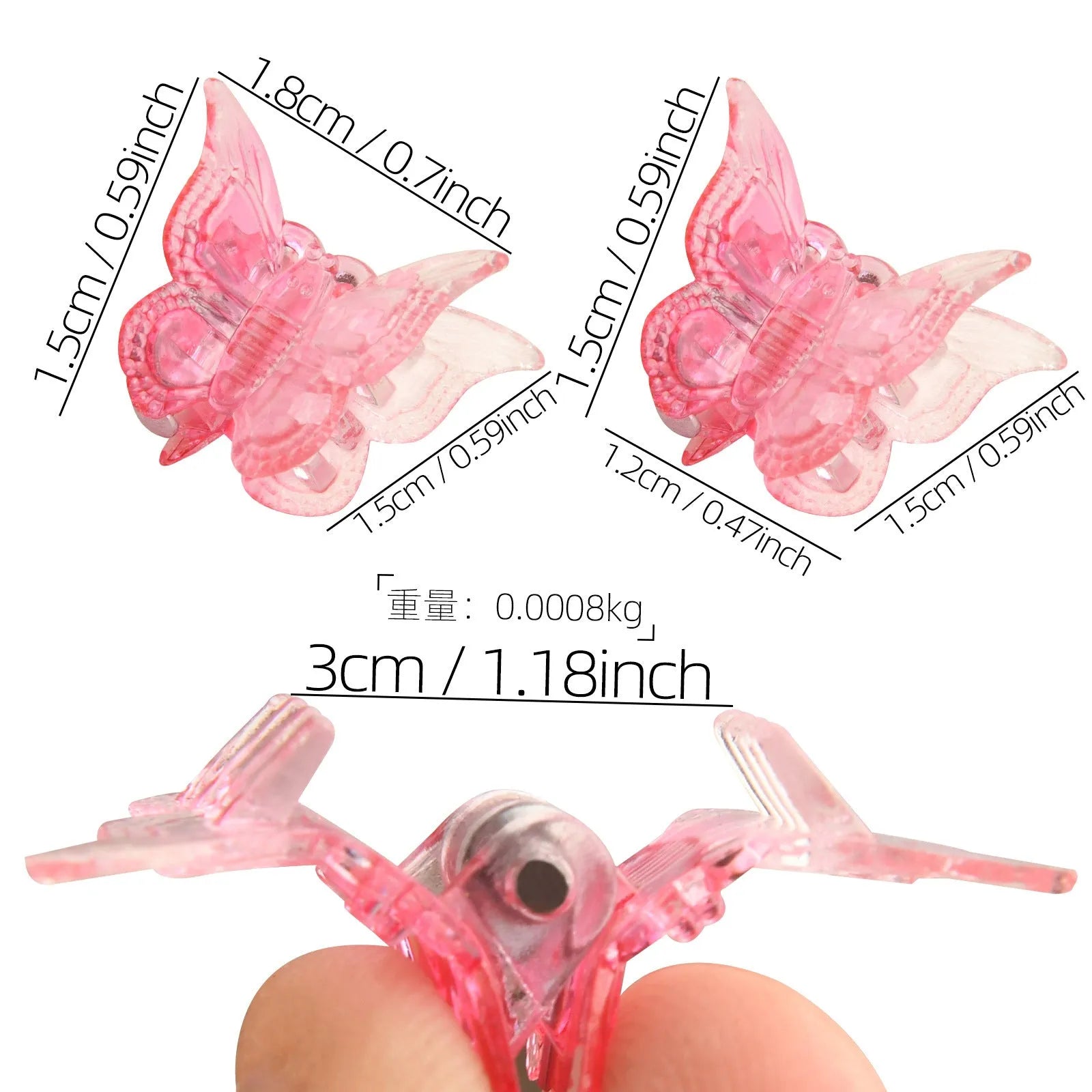 50 glitter mini butterfly hair claw clips in 14 colours on white background