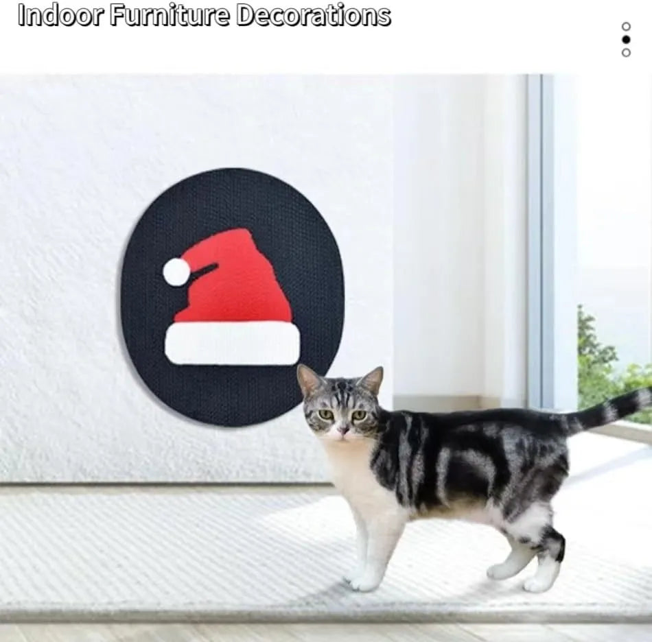 Wall-mounted rectangular cardboard cat scratch pad with catnip on a home wall