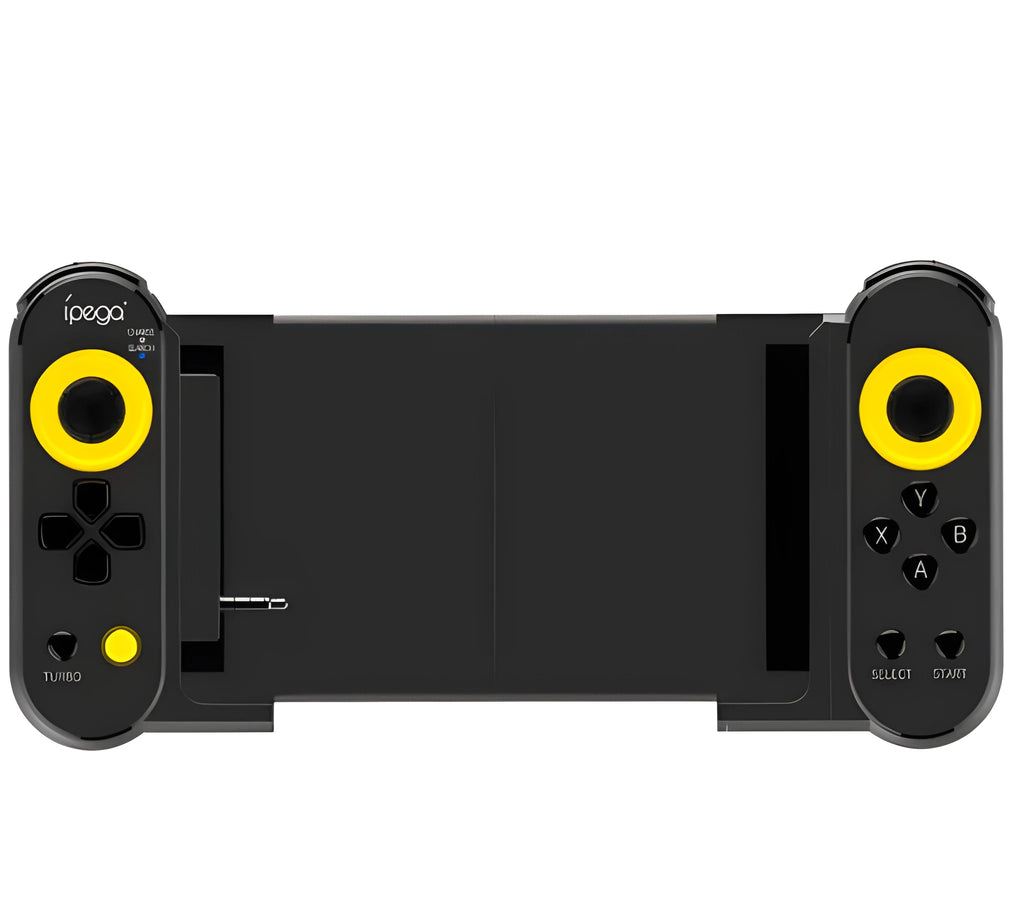 Ipega PG9167 wireless Bluetooth game controller in black ABS plastic with telescopic bracket extended, holding a smartphone for mobile gaming