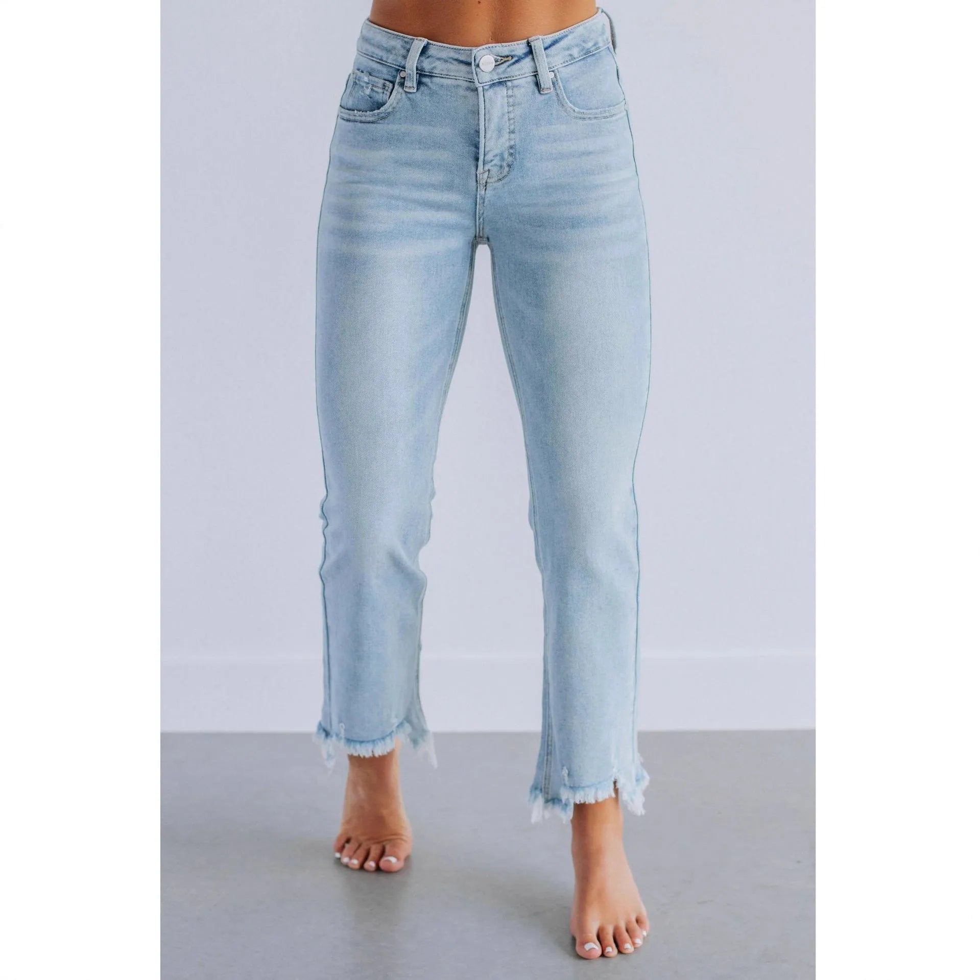Women's solid colour casual denim jeans with hand-worn distressing in dark blue