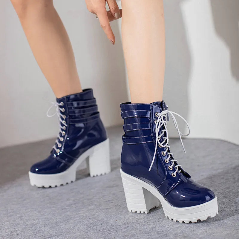 Women's black thick-heeled short boots with lace-up front, round toe, and waterproof platform sole