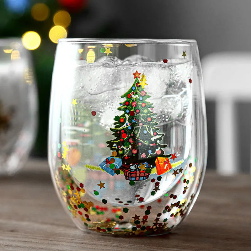 New Christmas Tree Cup heat-resistant double-layer coffee cup with flowing sequins egg shape floral pattern 301-400ml