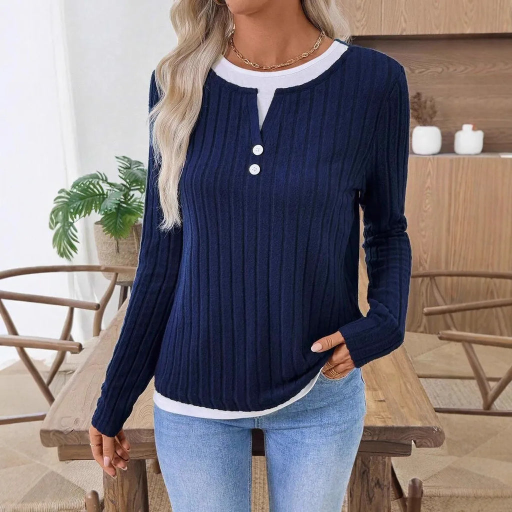 Women's fake two-piece round neck pullover sweater with concave stripe pattern in street fashion style