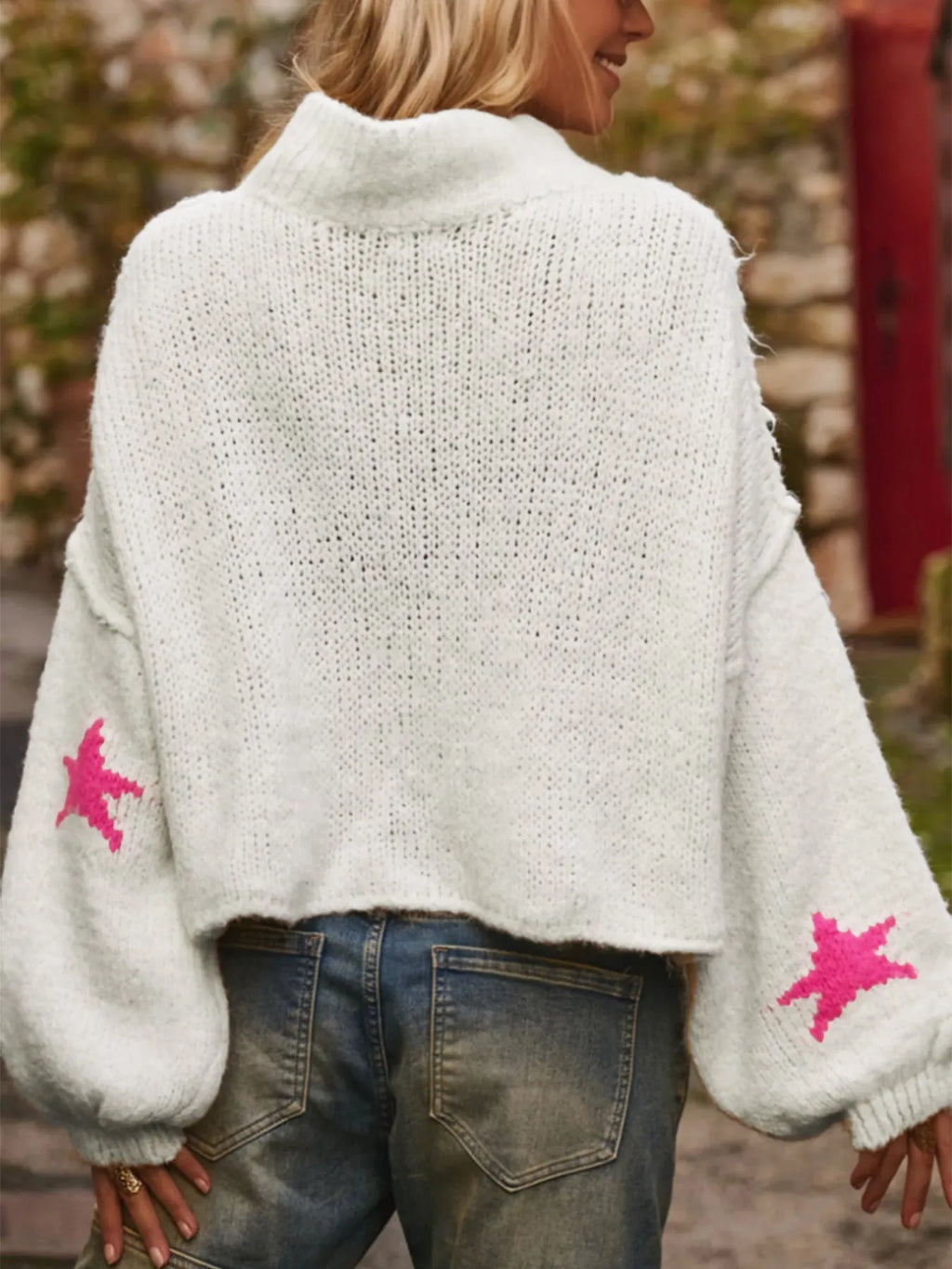 Women's white turtleneck pullover with five-pointed star pattern in thick imitation velvet fabric