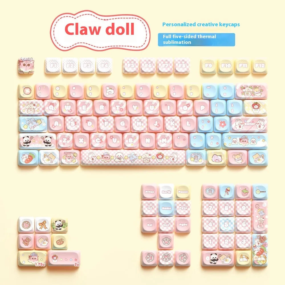 Full set of Doll character themed mechanical keyboard keycaps with sublimation printing laid out.