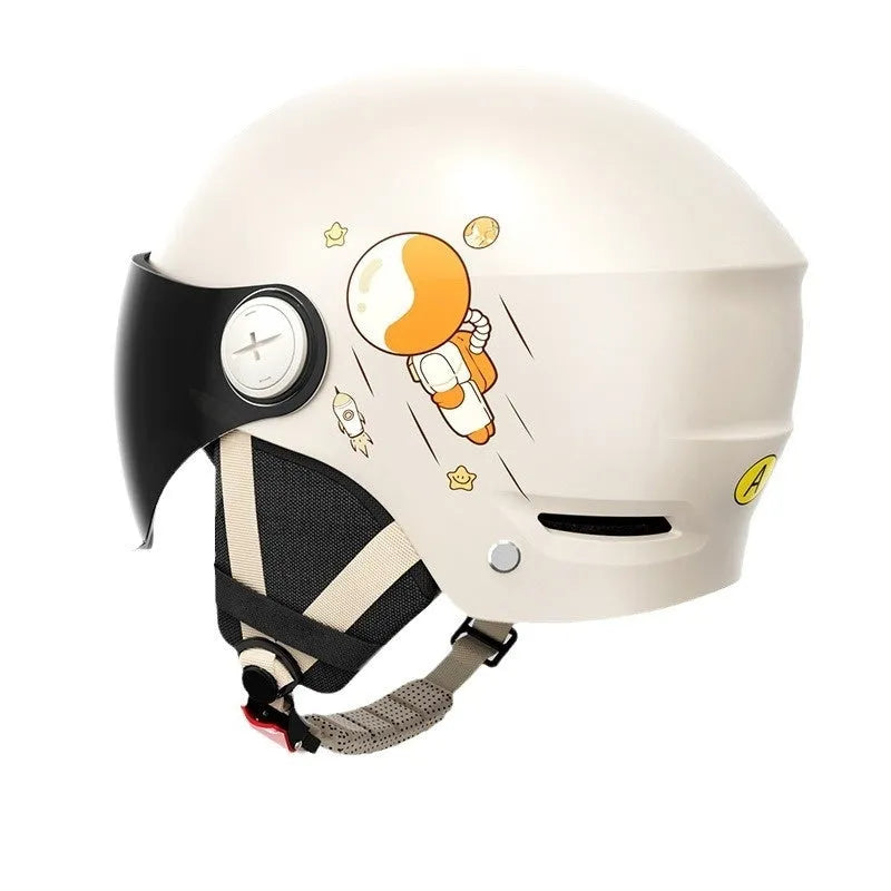 Khaki coloured electric motorcycle half helmet with interchangeable glasses options for commuting