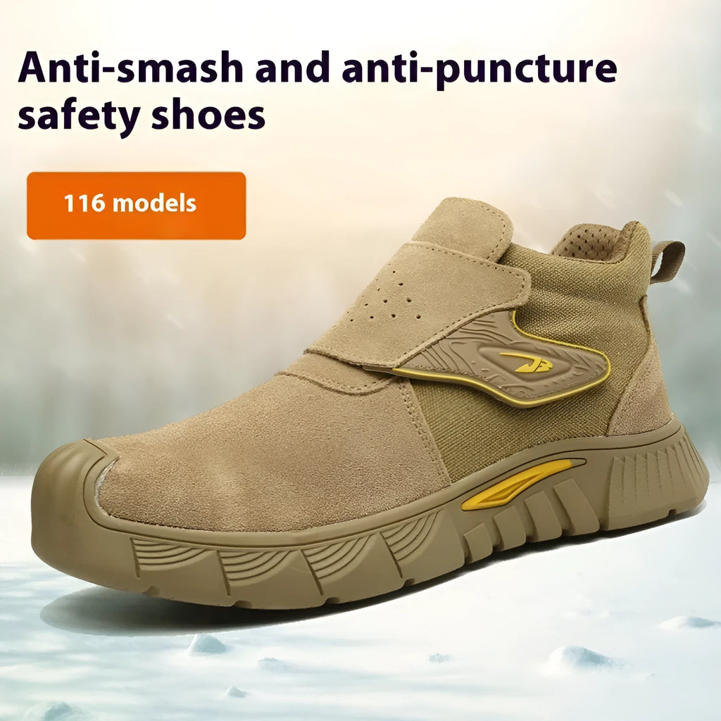 Lightweight brown leather safety work shoes with anti-smash and puncture-resistant sole.