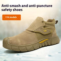 Lightweight brown leather safety work shoes with anti-smash and puncture-resistant sole.