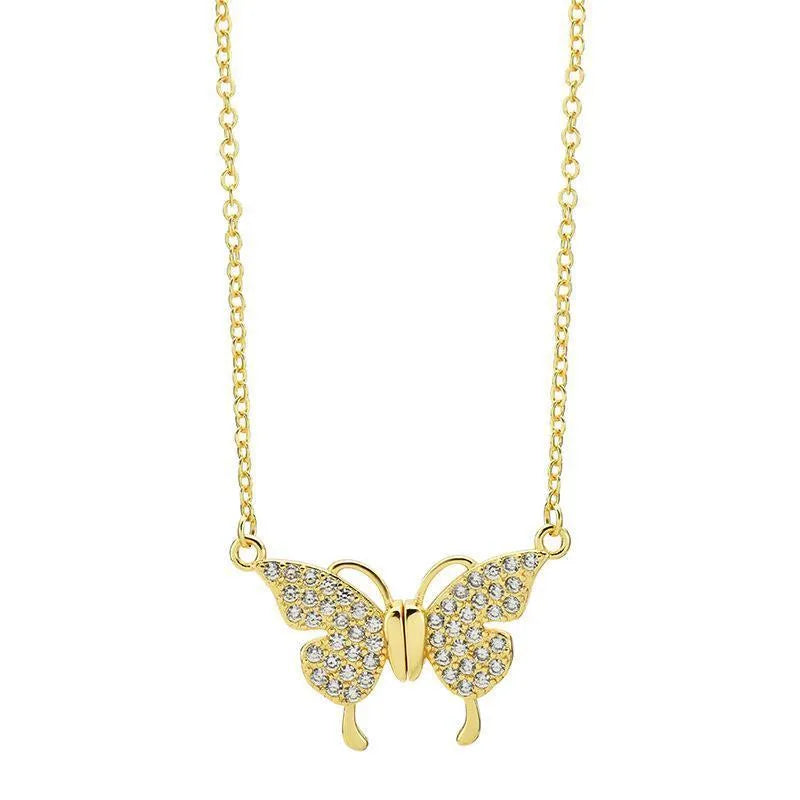 Gold titanium steel clavicle necklace with magnetic snap butterfly charm on twisted chain