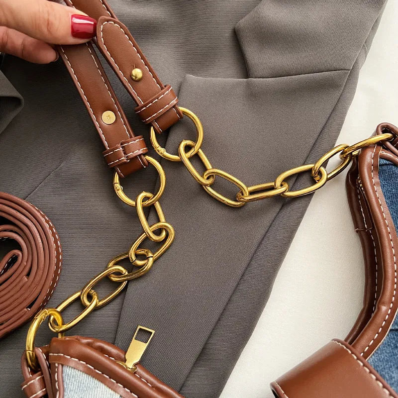 Brown denim women's shoulder bag with diamond mesh detail and chain straps
