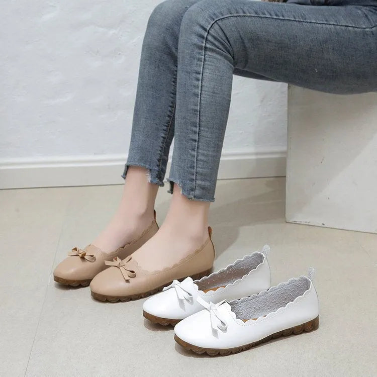 Korean style women's shallow mouth slip-on pumps in apricot, round toe, low heel, rubber sole