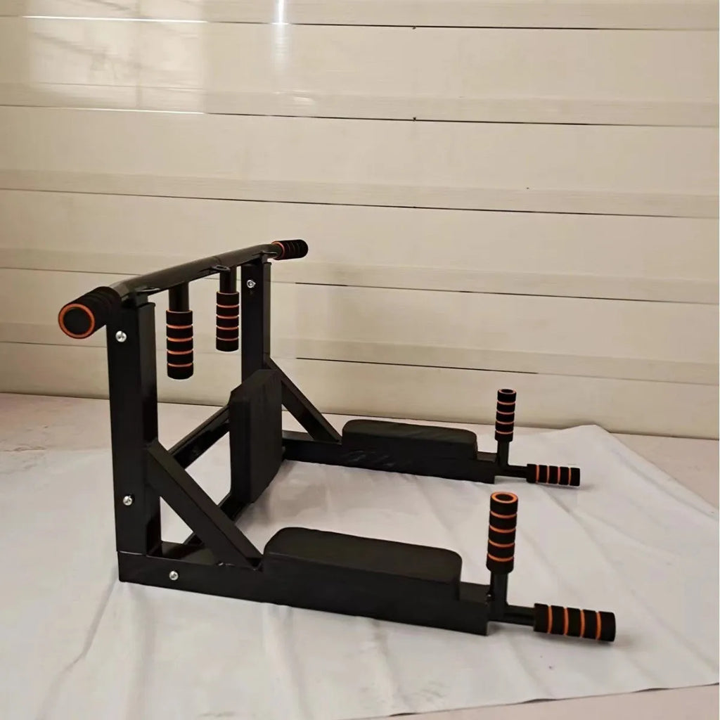 Black steel wall-mounted single parallel bars pull-up rack for fitness training.