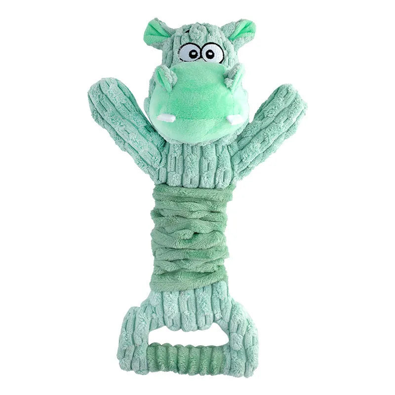 Large soft plush squeaky dog toy in animal design with a handle for tug of war.