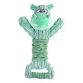 Large soft plush squeaky dog toy in animal design with a handle for tug of war.
