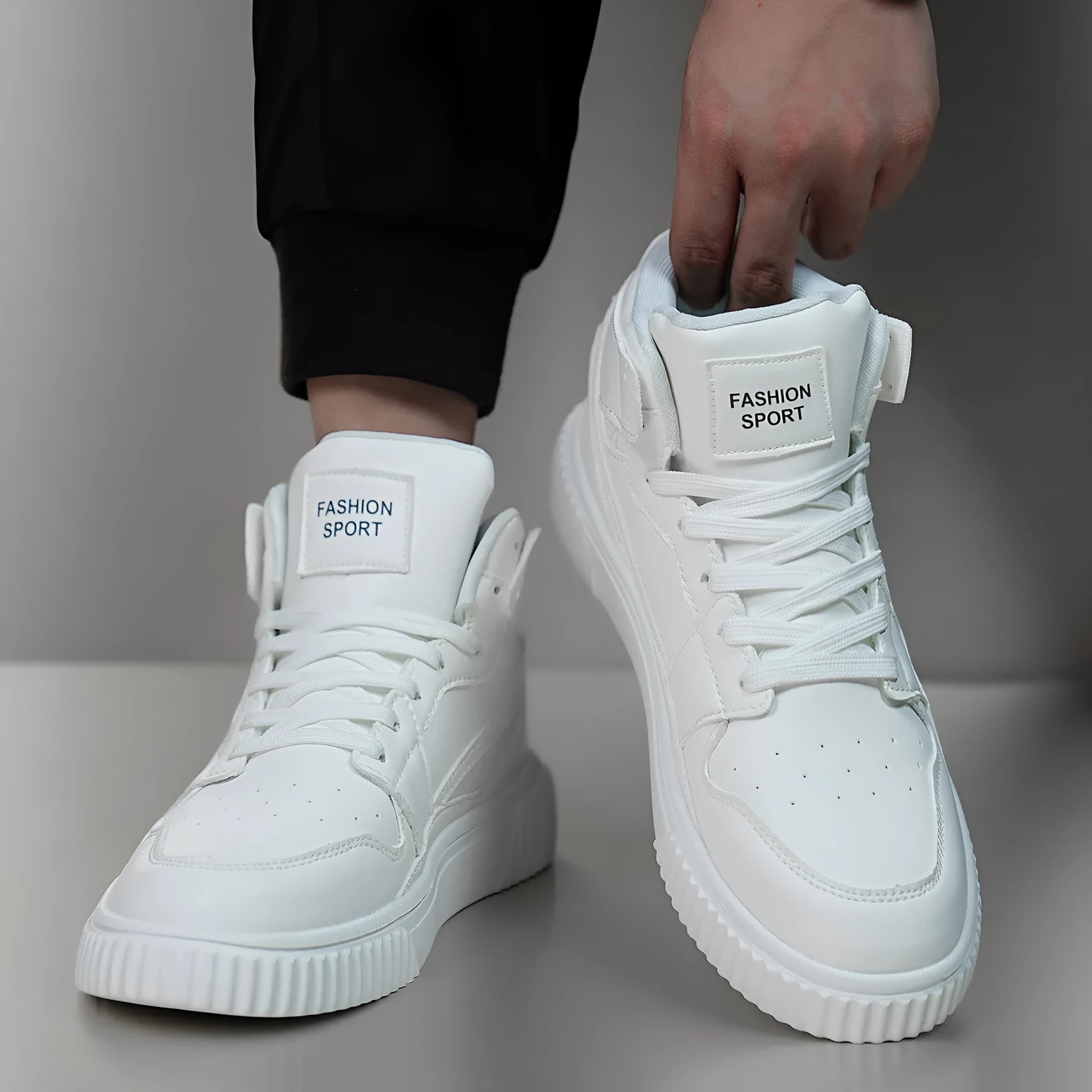 White men's round-toe casual shoes made from microfiber, shown from the side.